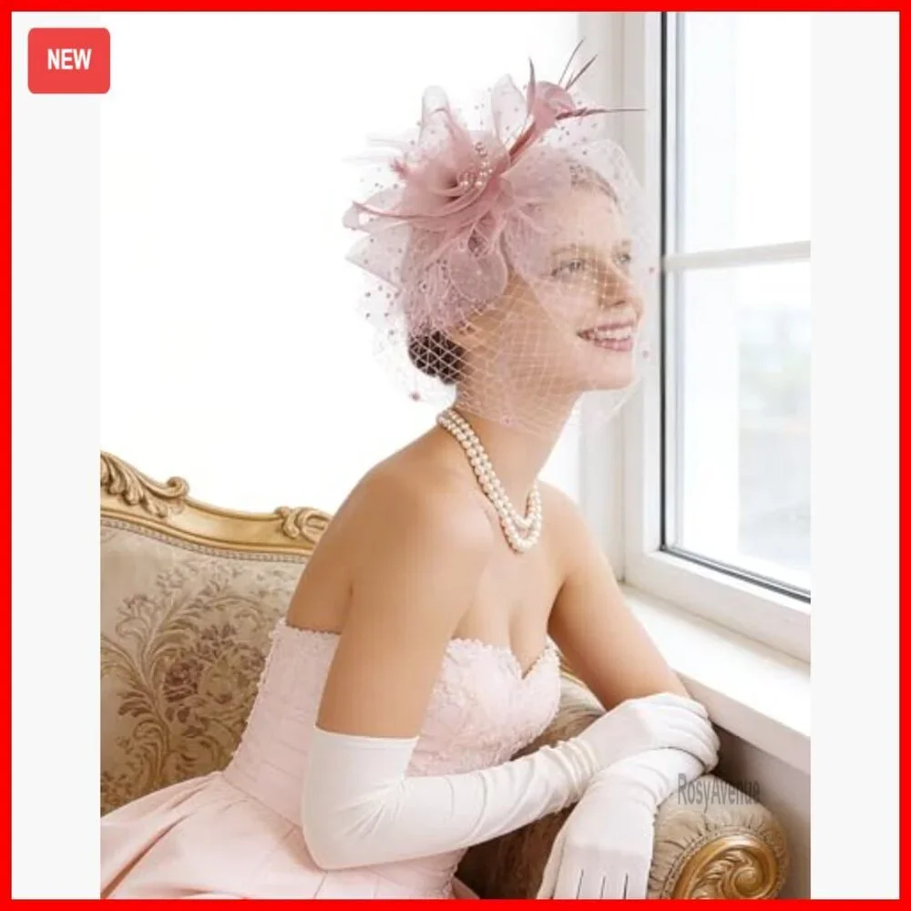 Feather Mesh Derby Fascinator with Veil, 1920s High Tea Party Hat